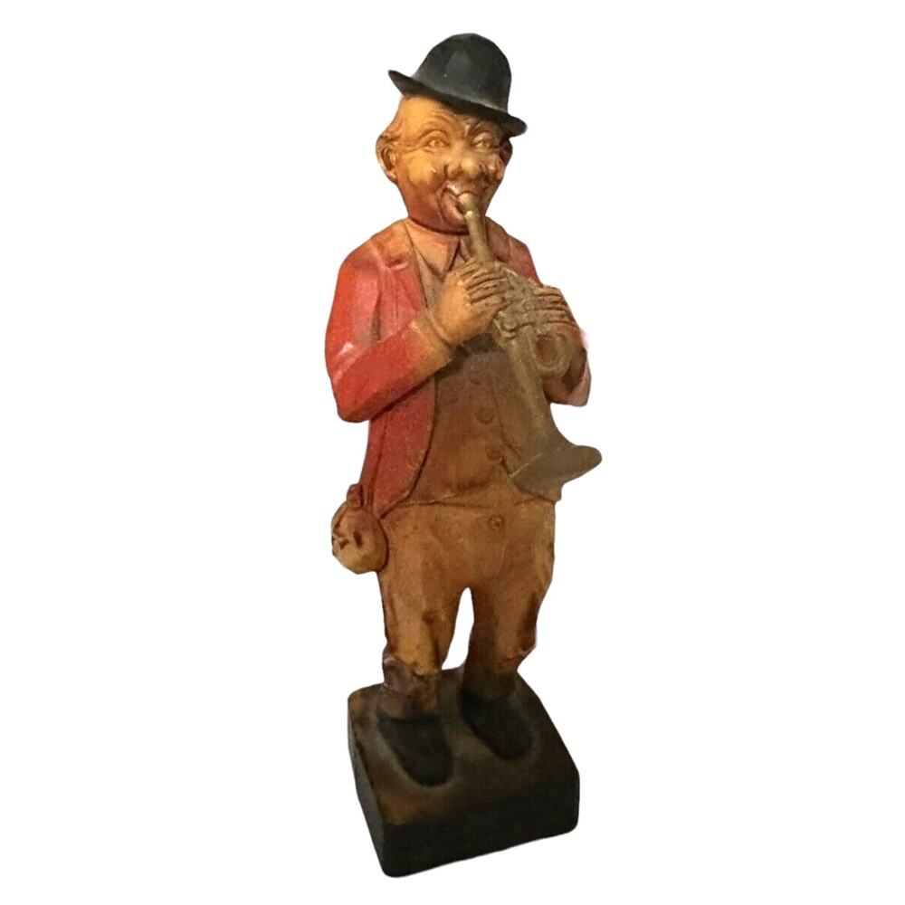 Black Forest Resin Figurine Musician Horn Player Mid Century West Germany 6 Inch